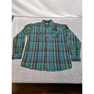 Modern Culture Shirt‎ Mens XL Teal Tartan Plaid Patches Rugged Preppy Retro Y2K